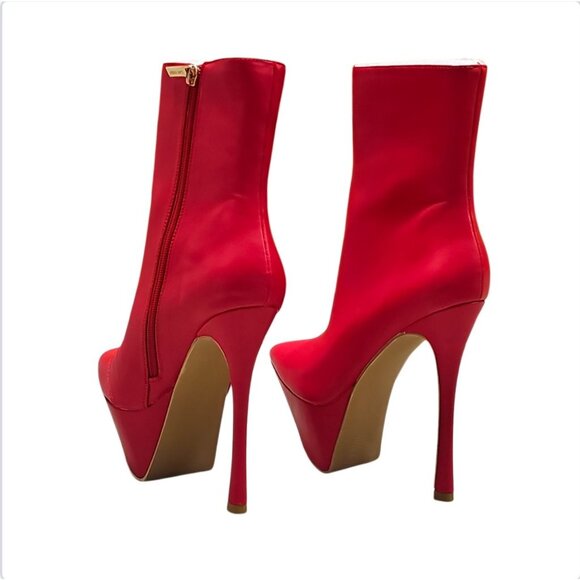 Red Platform Stiletto Heel Ankle Boots With Side Zipper Closure & Pointed Toe De - Picture 3 of 7